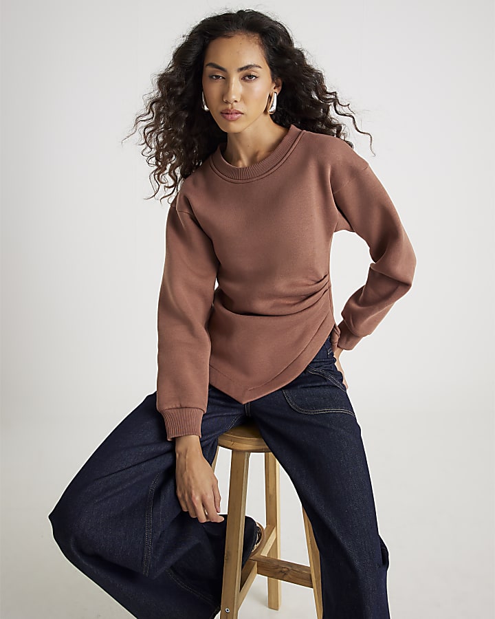 Brown Long Sleeve Draped Sweatshirt
