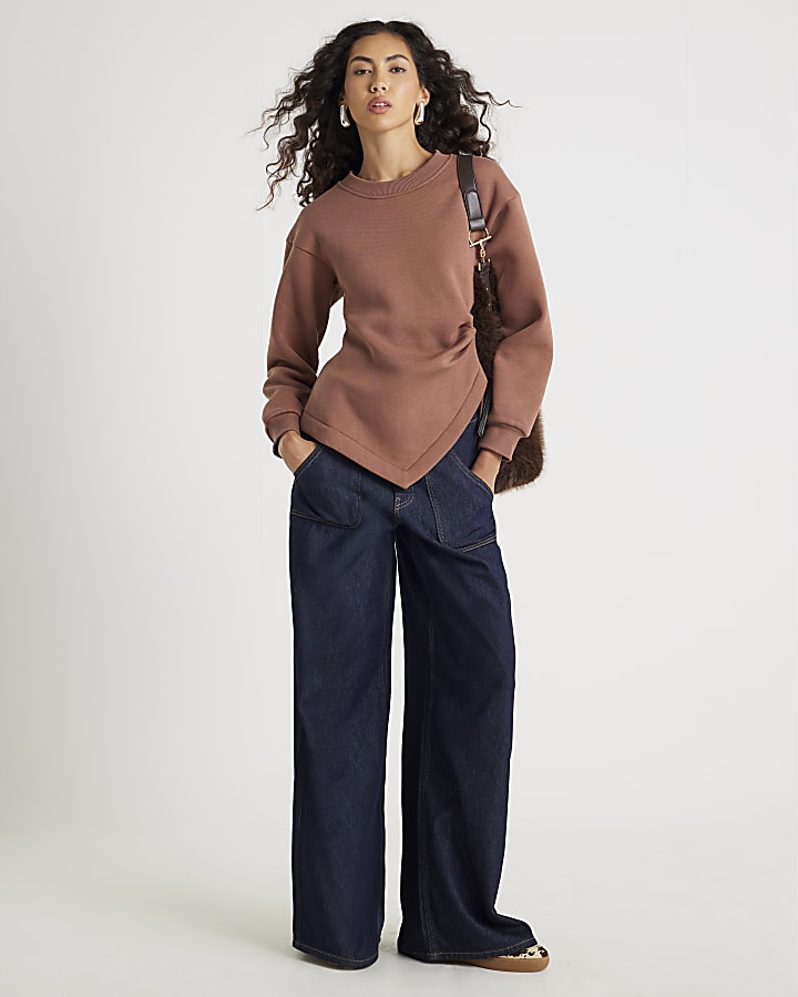 Brown Long Sleeve Draped Sweatshirt