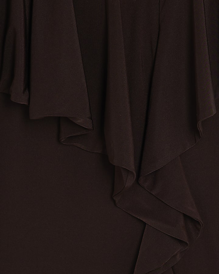 Brown Sleeveless Ruffle Front Maxi Dress