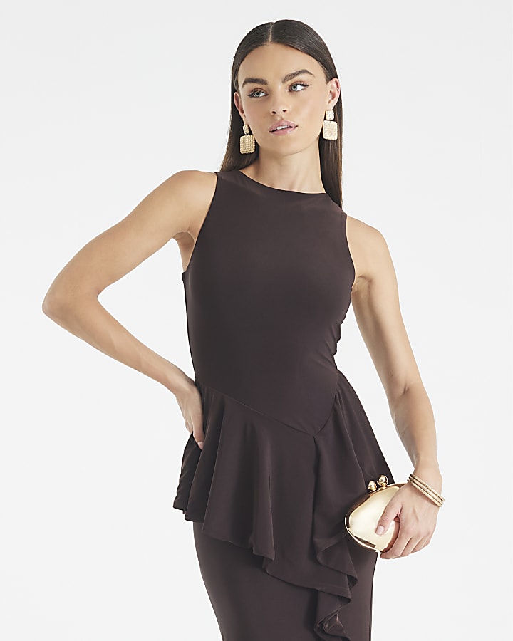 Brown Sleeveless Ruffle Front Maxi Dress