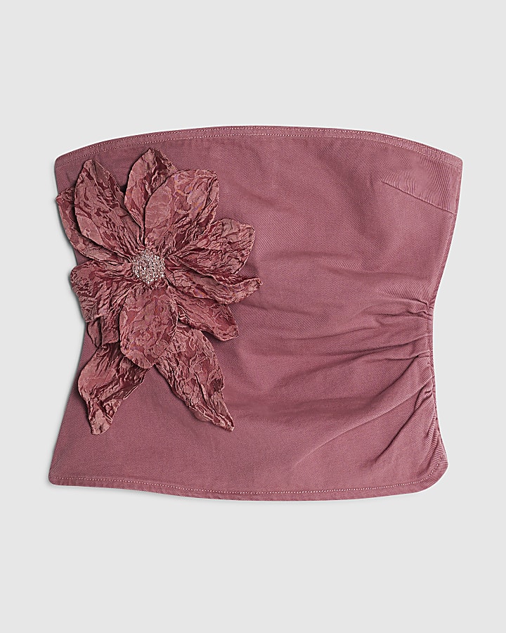 Pink Denim Sleeveless Flower Bandeau Top