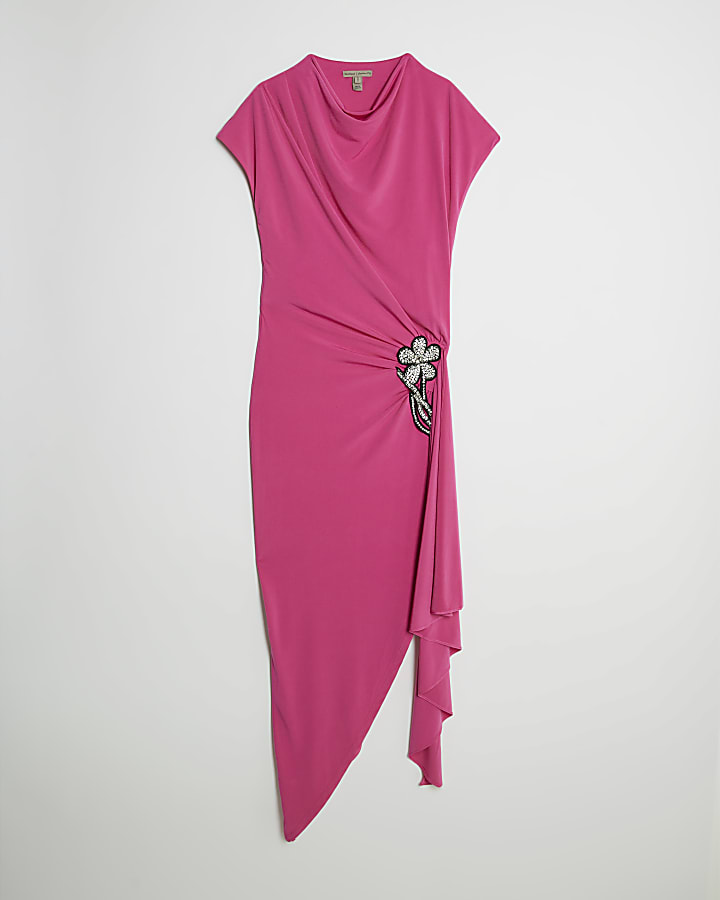 Pink Drape Floral Trimmed Midi Dress