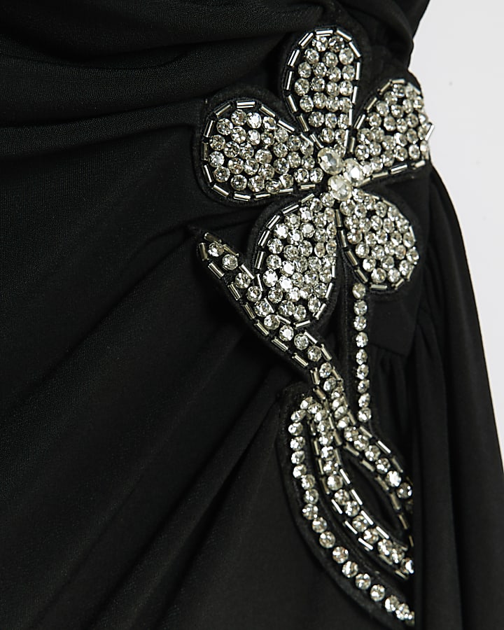 Black Drape Floral Trimmed Midi Dress