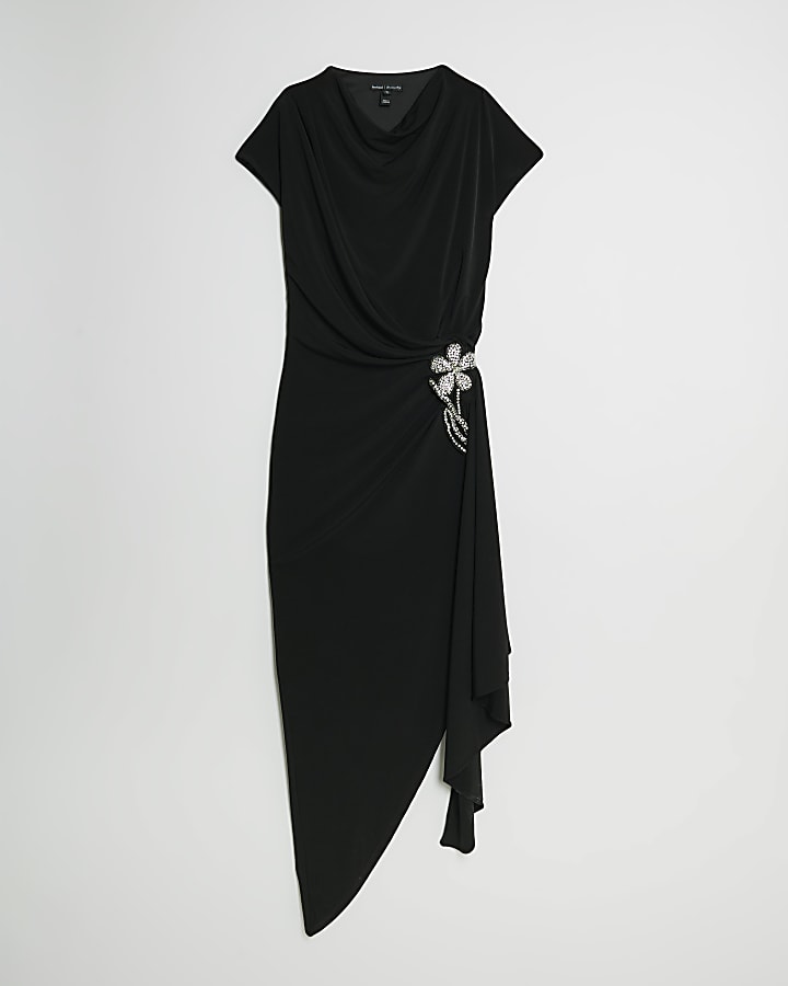 Black Drape Floral Trimmed Midi Dress