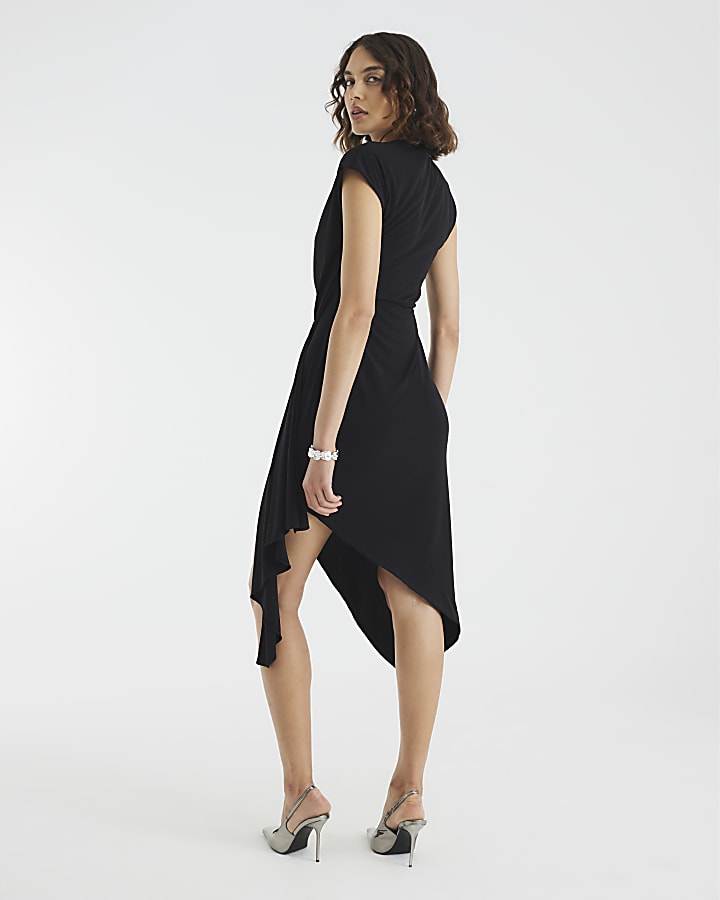 Black Drape Floral Trimmed Midi Dress