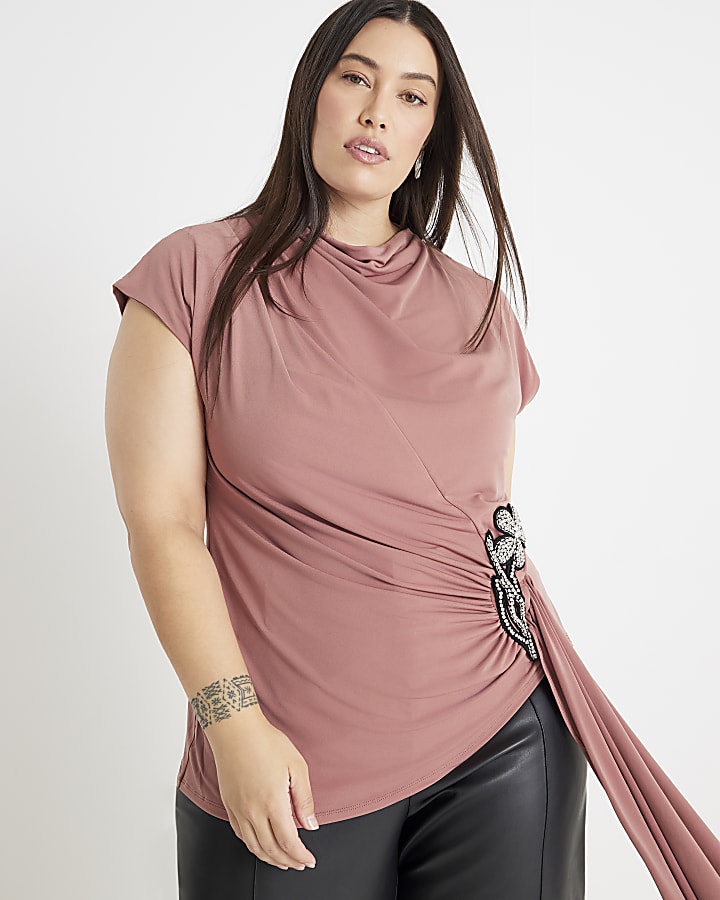 Pink Short Sleeve Draped Floral Trim Top