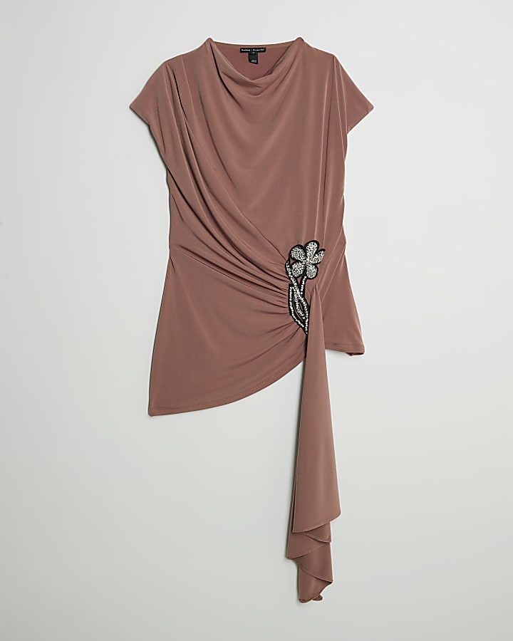 Pink Short Sleeve Draped Floral Trim Top