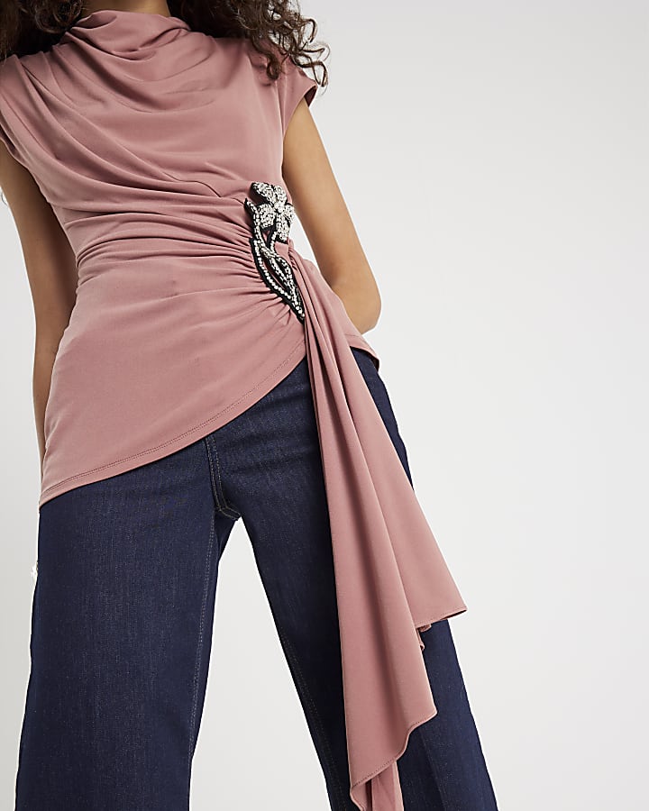 Pink Short Sleeve Draped Floral Trim Top