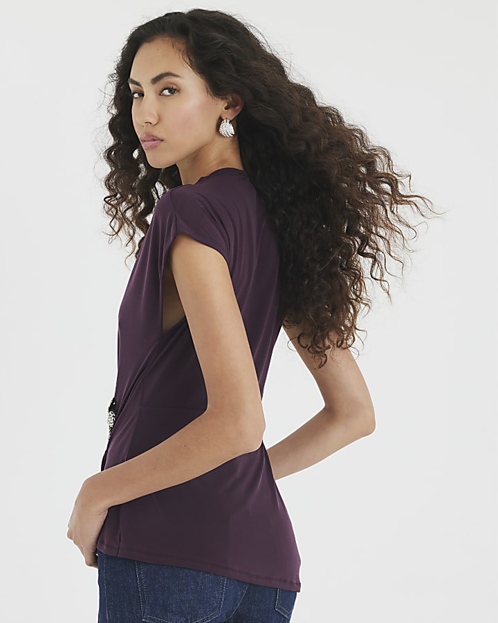 Purple Short Sleeve Draped Floral Trim Top