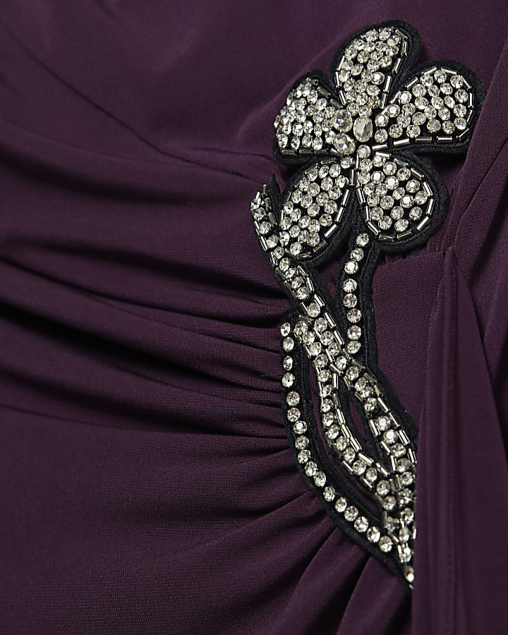 Purple Short Sleeve Draped Floral Trim Top