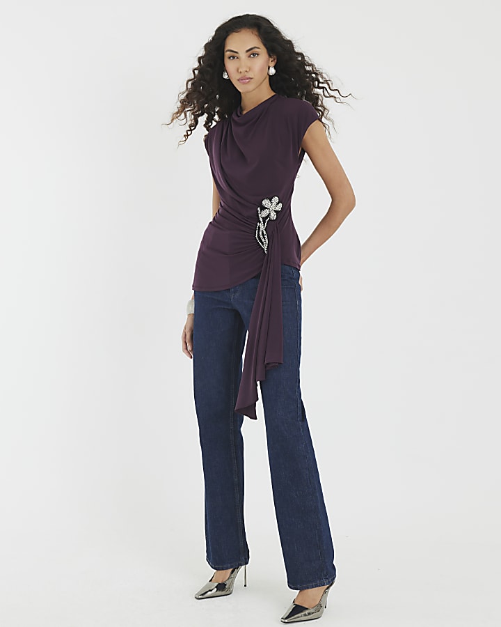 Purple Short Sleeve Draped Floral Trim Top