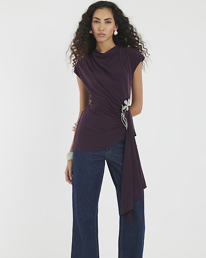 Purple Short Sleeve Draped Floral Trim Top