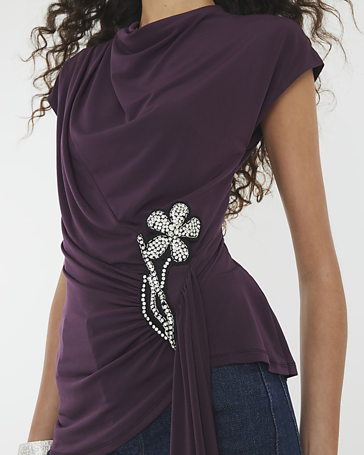 Purple Short Sleeve Draped Floral Trim Top