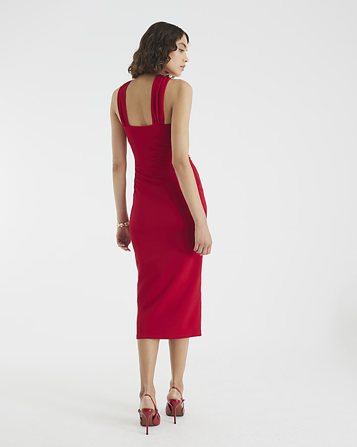 Red Halter Neck Midi Dress