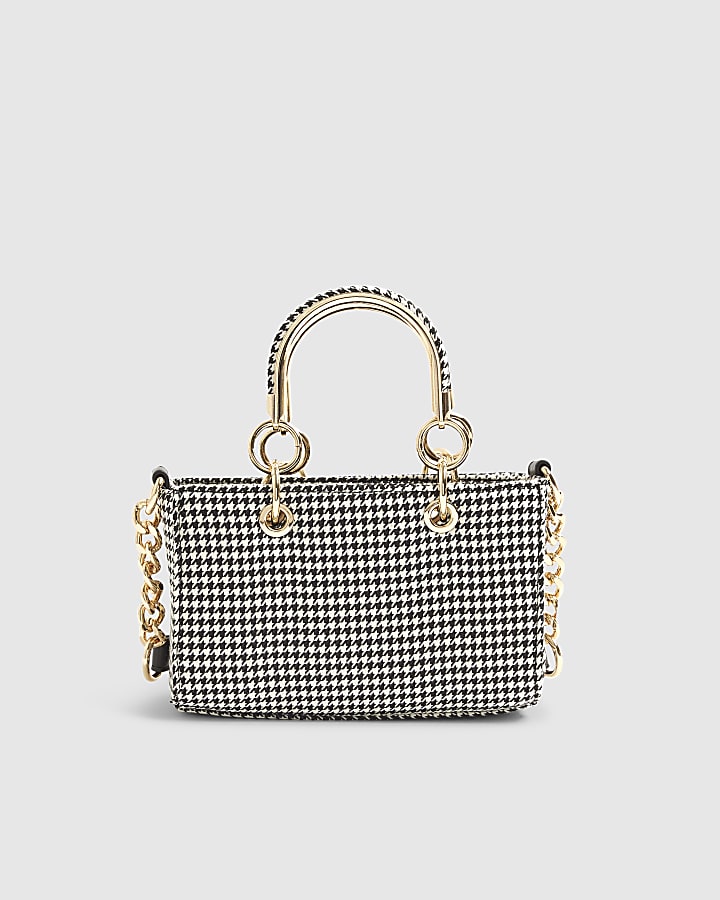 Black Dogtooth Print Charm Tote Bag