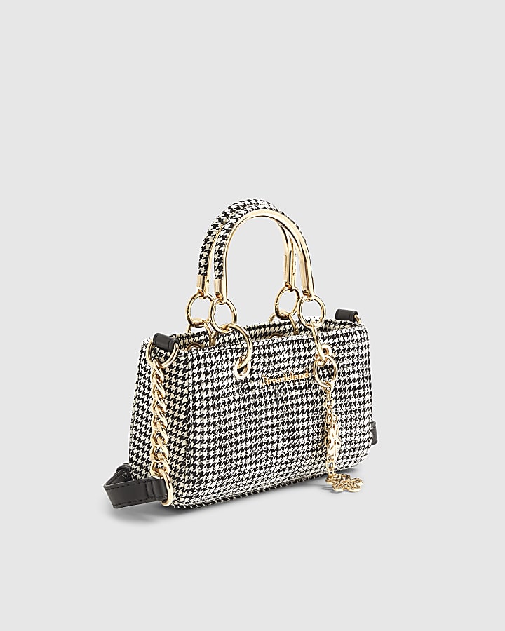 Black Dogtooth Print Charm Tote Bag