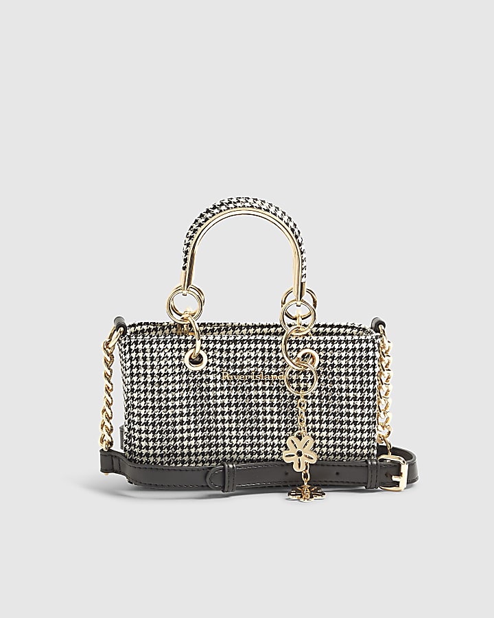 Black Dogtooth Print Charm Tote Bag