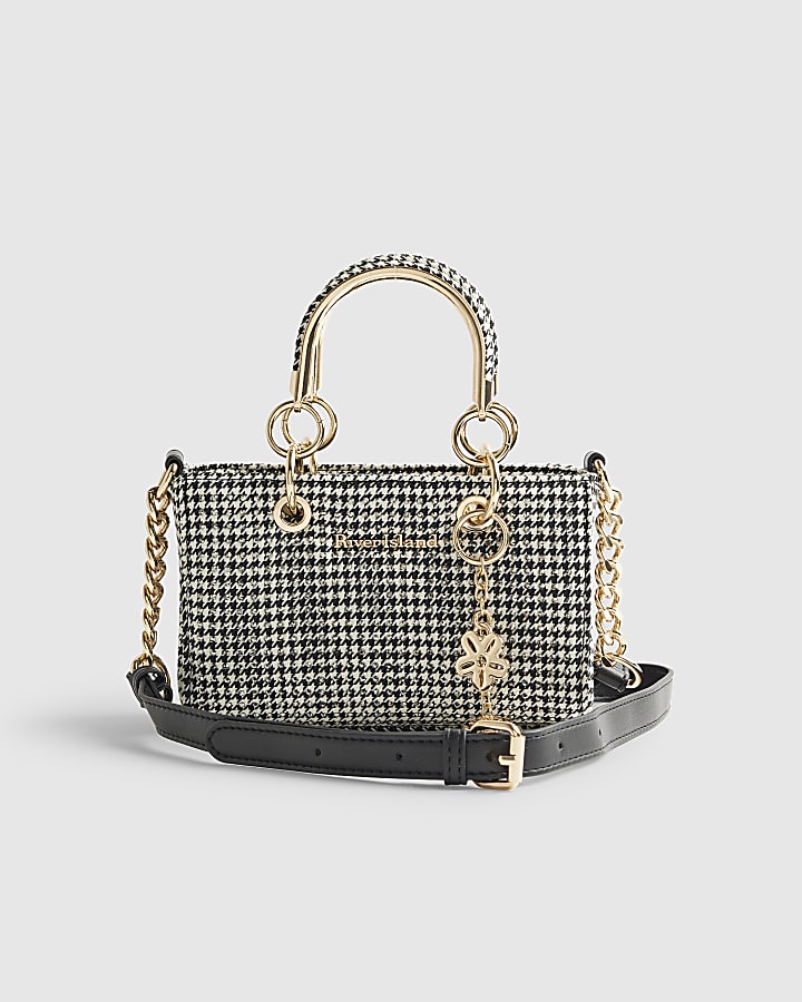Black Dogtooth Print Charm Tote Bag