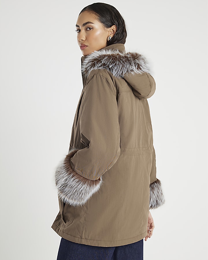 Khaki Faux Fur Cuff Utility Jacket