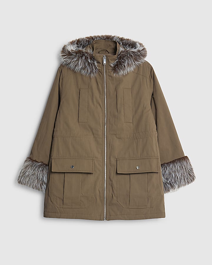 Khaki Faux Fur Cuff Utility Jacket