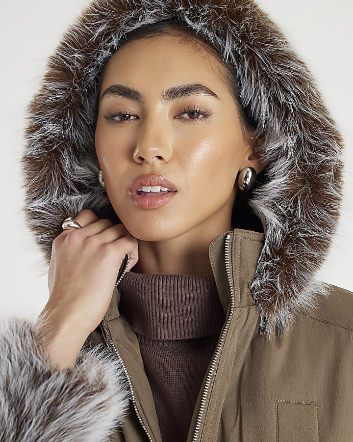 Khaki Faux Fur Cuff Utility Jacket