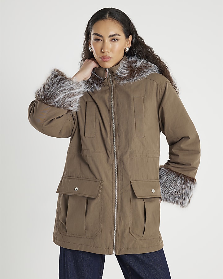 Khaki Faux Fur Cuff Utility Jacket
