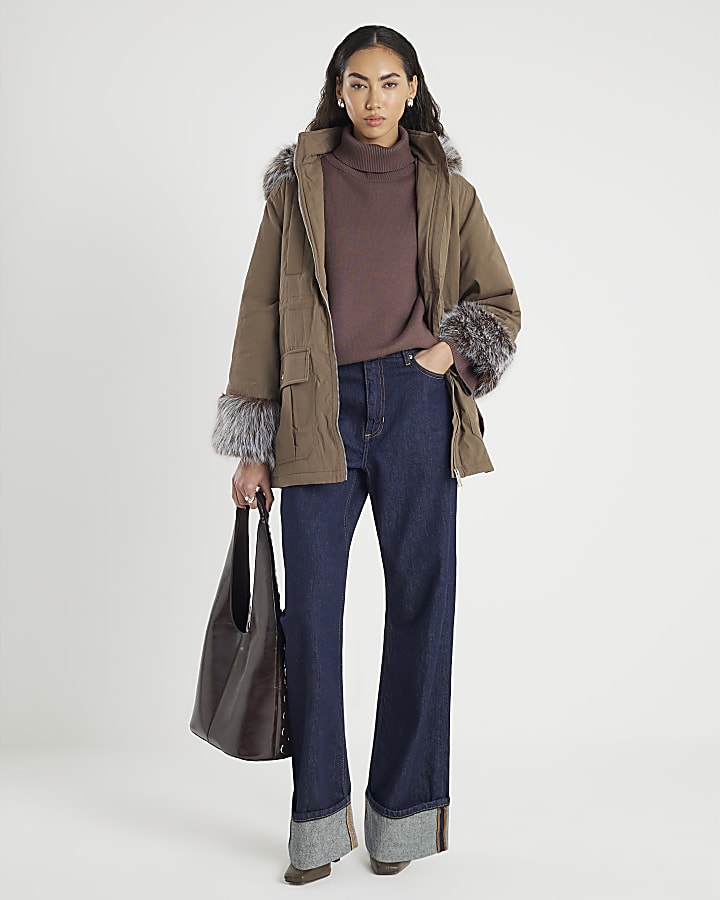 Khaki Faux Fur Cuff Utility Jacket