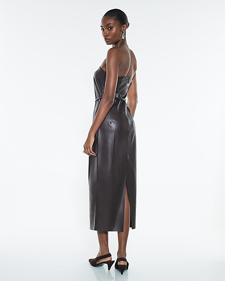 Brown Faux Leather Belted Bandeau Midi Dress