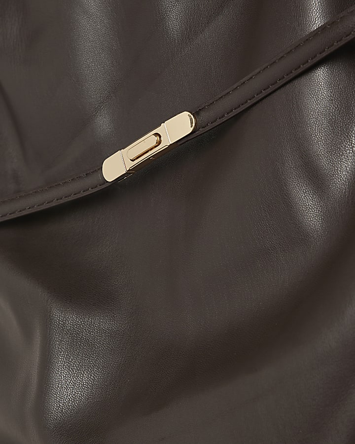 Brown Faux Leather Belted Bandeau Midi Dress