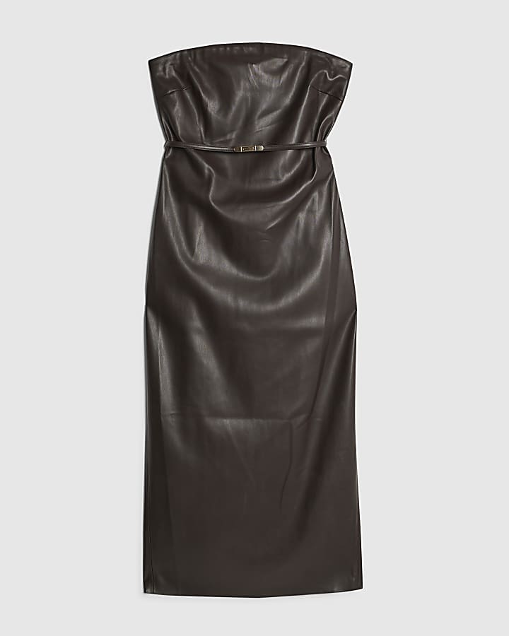 Brown Faux Leather Belted Bandeau Midi Dress