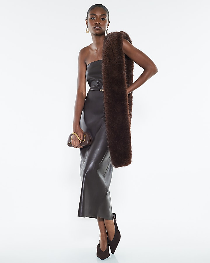 Brown Faux Leather Belted Bandeau Midi Dress