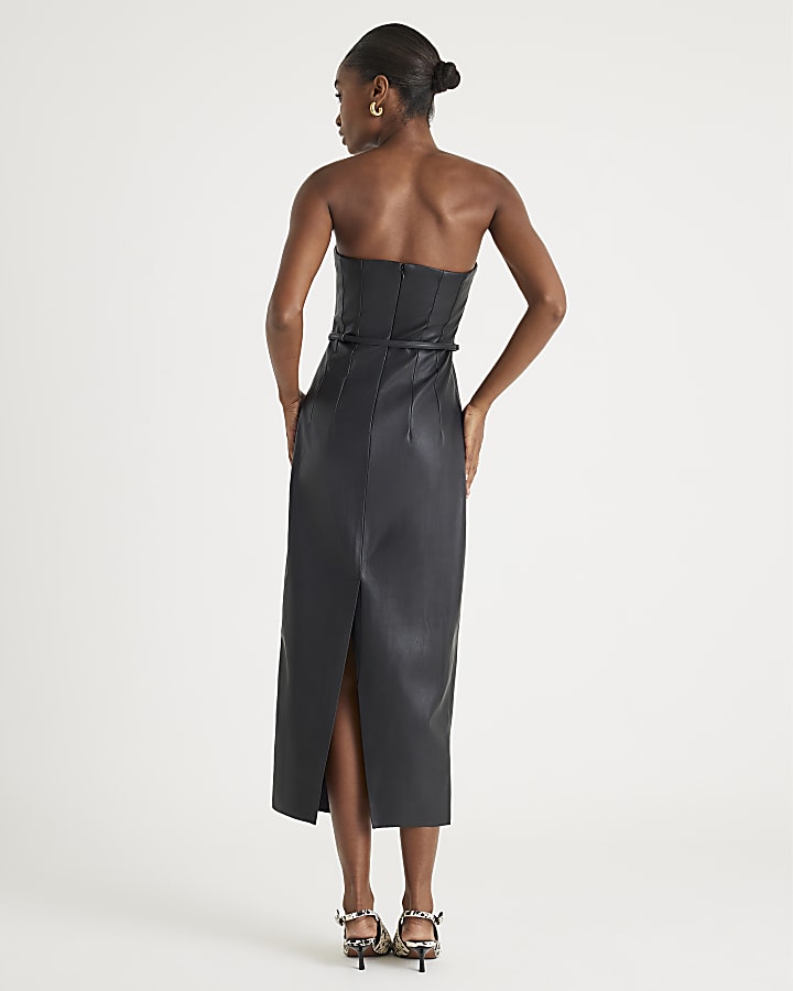 Black Faux Leather Belted Bandeau Midi Dress