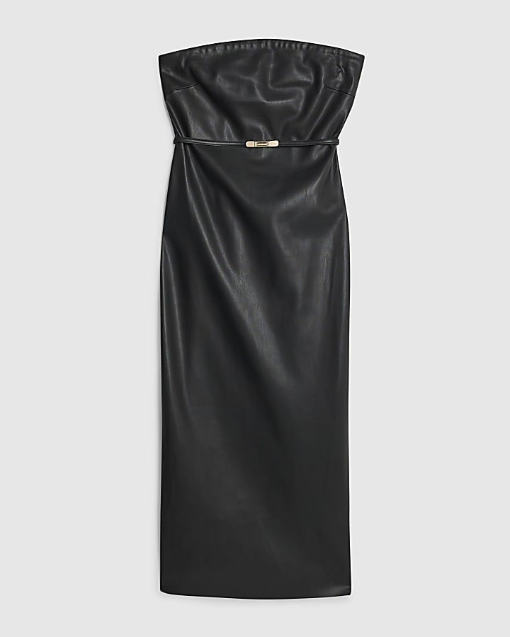 Black Faux Leather Belted Bandeau Midi Dress