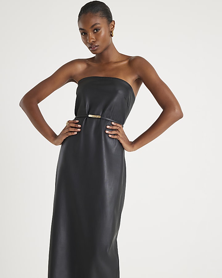 Black Faux Leather Belted Bandeau Midi Dress