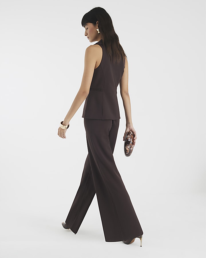 Brown Sleeveless Ruched Waist Jumpsuit