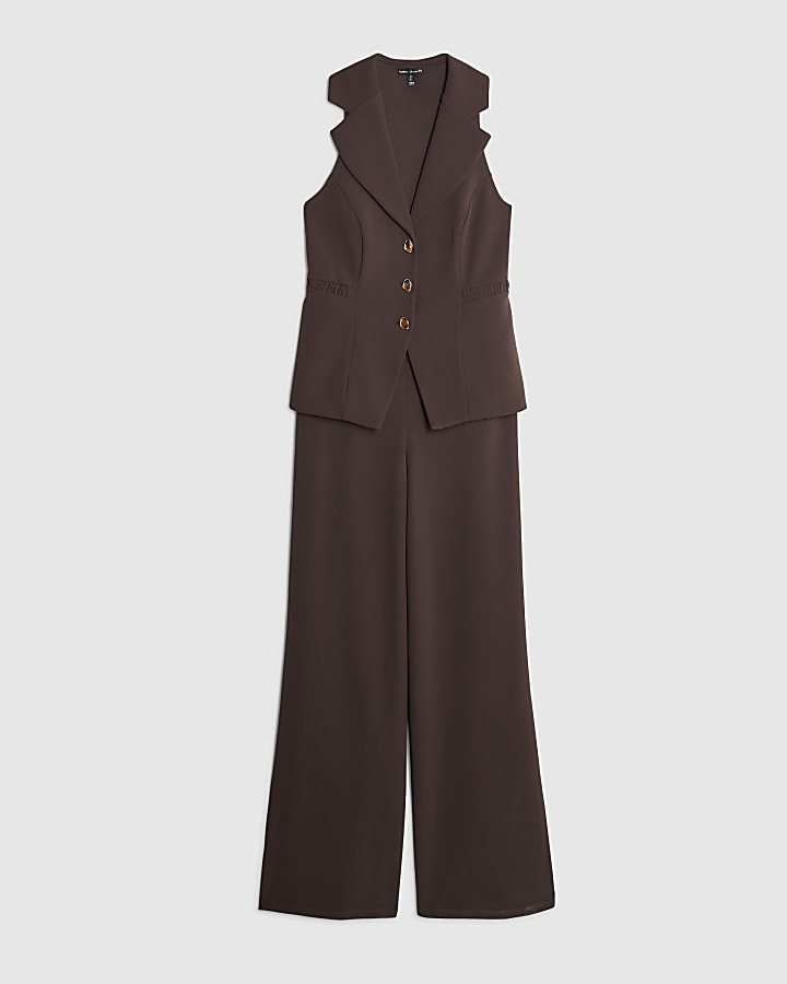 Brown Sleeveless Ruched Waist Jumpsuit