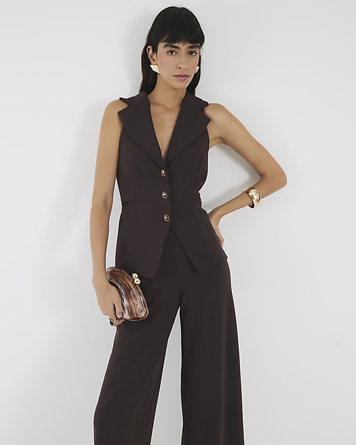 Brown Sleeveless Ruched Waist Jumpsuit