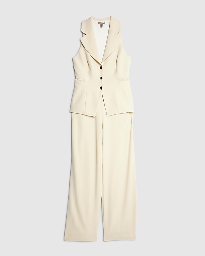Cream Sleeveless Ruched Waist Jumpsuit