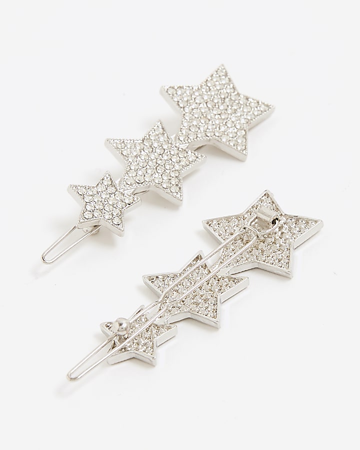 Silver Diamante Star Hair Clips