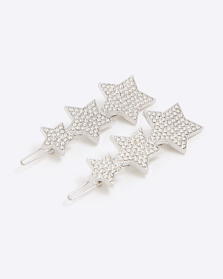 Silver Diamante Star Hair Clips