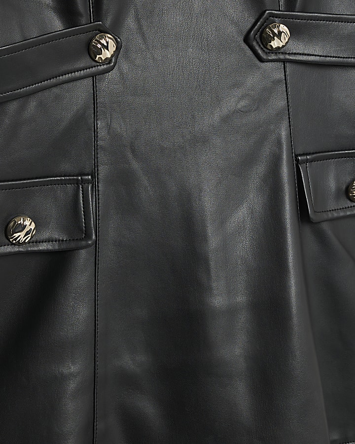 Black Faux Leather Pleated Hem Mini Dress