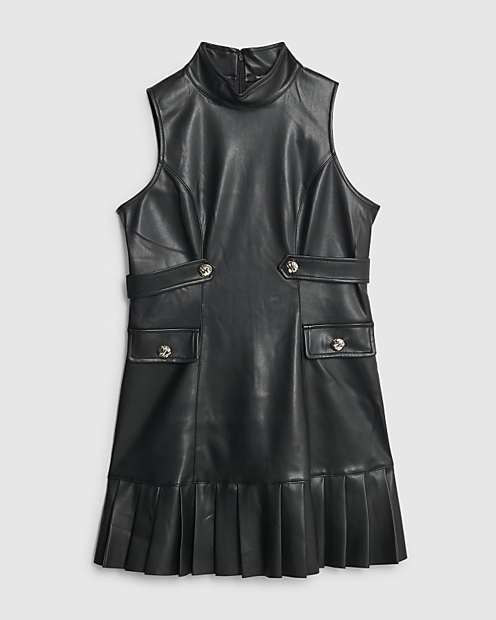 Black Faux Leather Pleated Hem Mini Dress
