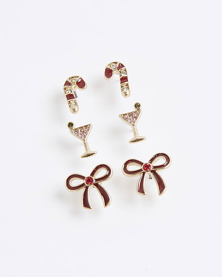 Gold 3 Pack Christmas Stud Earrings