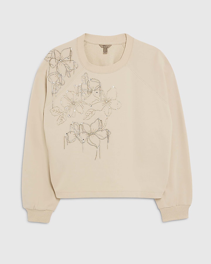 Cream Flower Diamante Embellished Sweatshirt