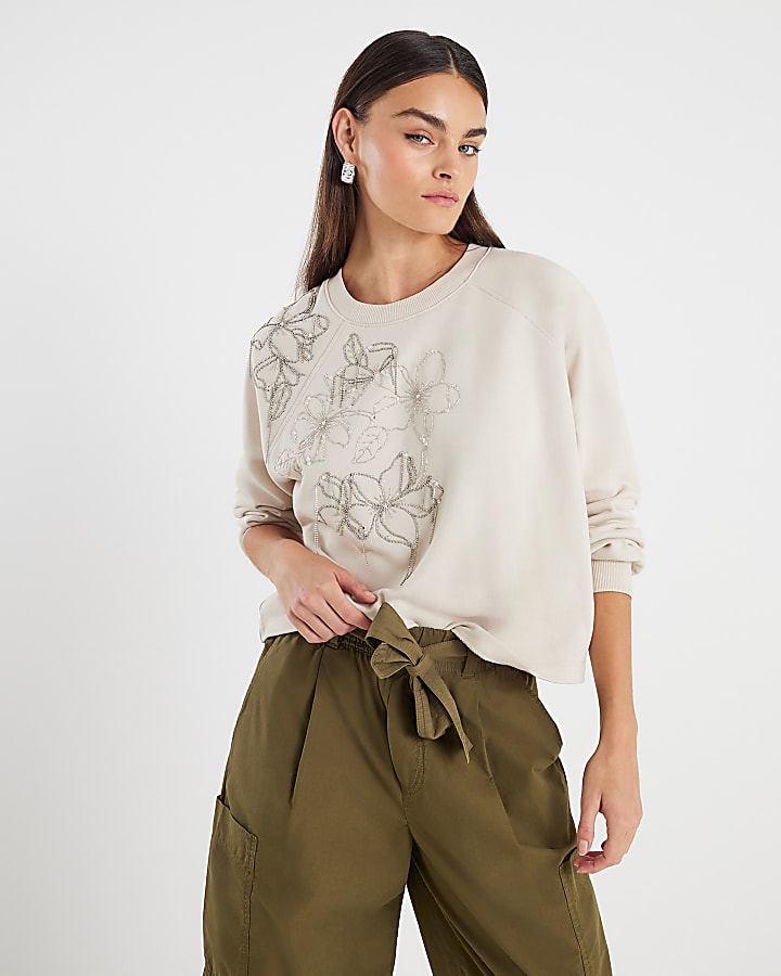 Cream Flower Diamante Embellished Sweatshirt