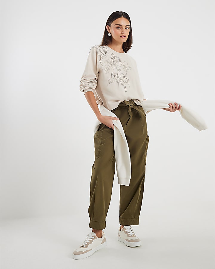 Cream Flower Diamante Embellished Sweatshirt