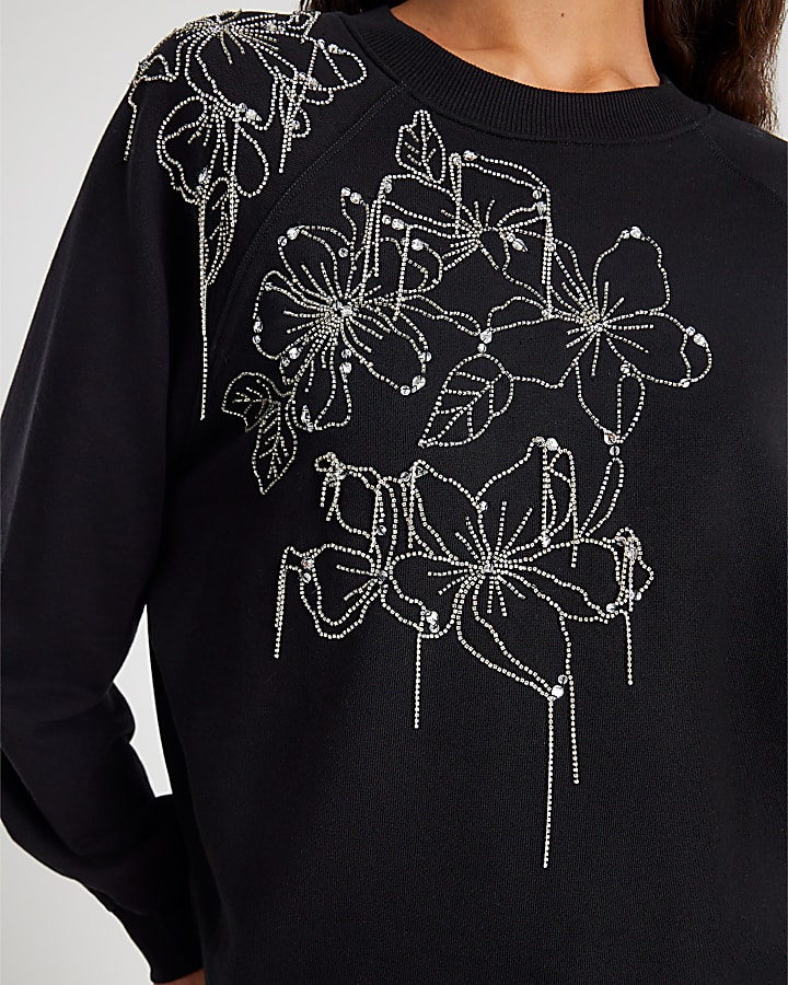 Black Flower Diamante Embellished Sweatshirt