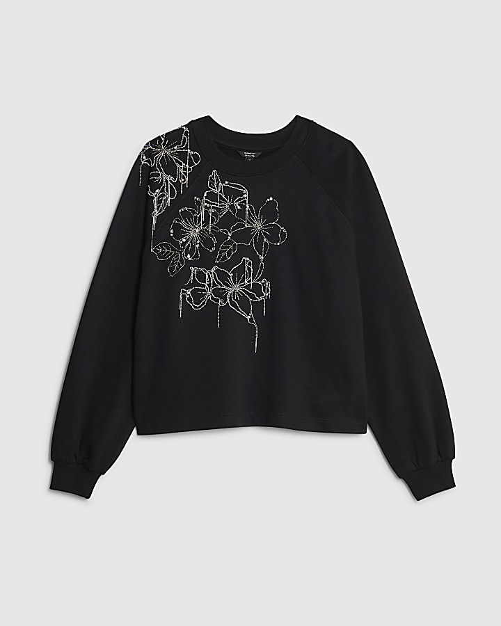 Black Flower Diamante Embellished Sweatshirt
