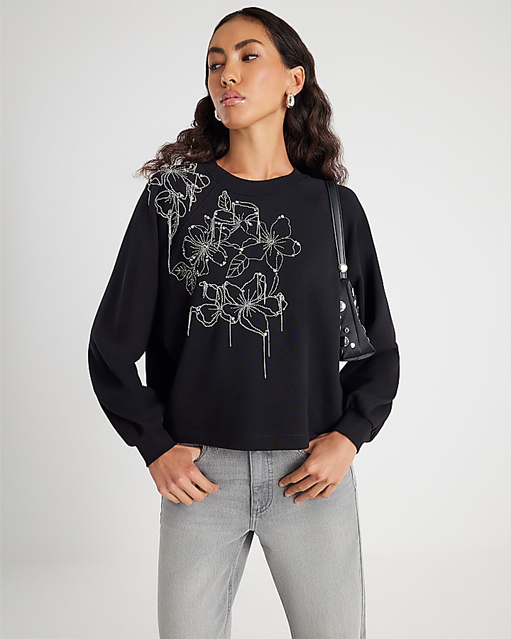 Black Flower Diamante Embellished Sweatshirt