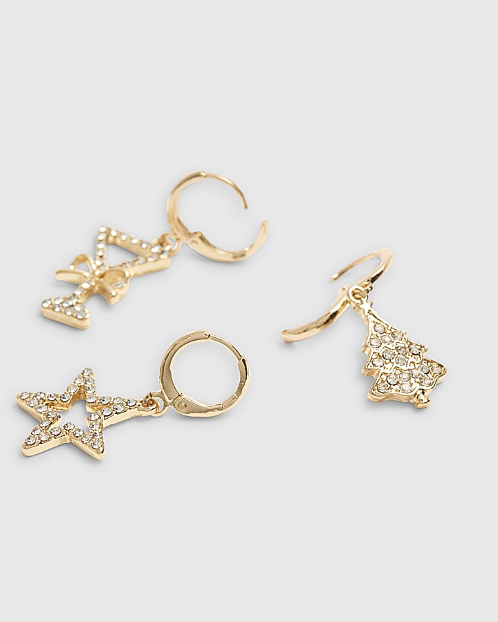 Gold Christmas 3 Pack Drop Earrings